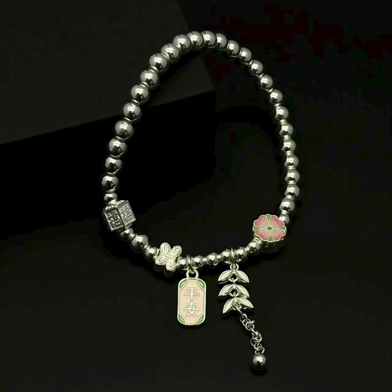 999.9 Fine Silver Bracelet with "Peace" Charm, Floral & Leaf Accents, Lucky Chinese Style Jewelry for Women