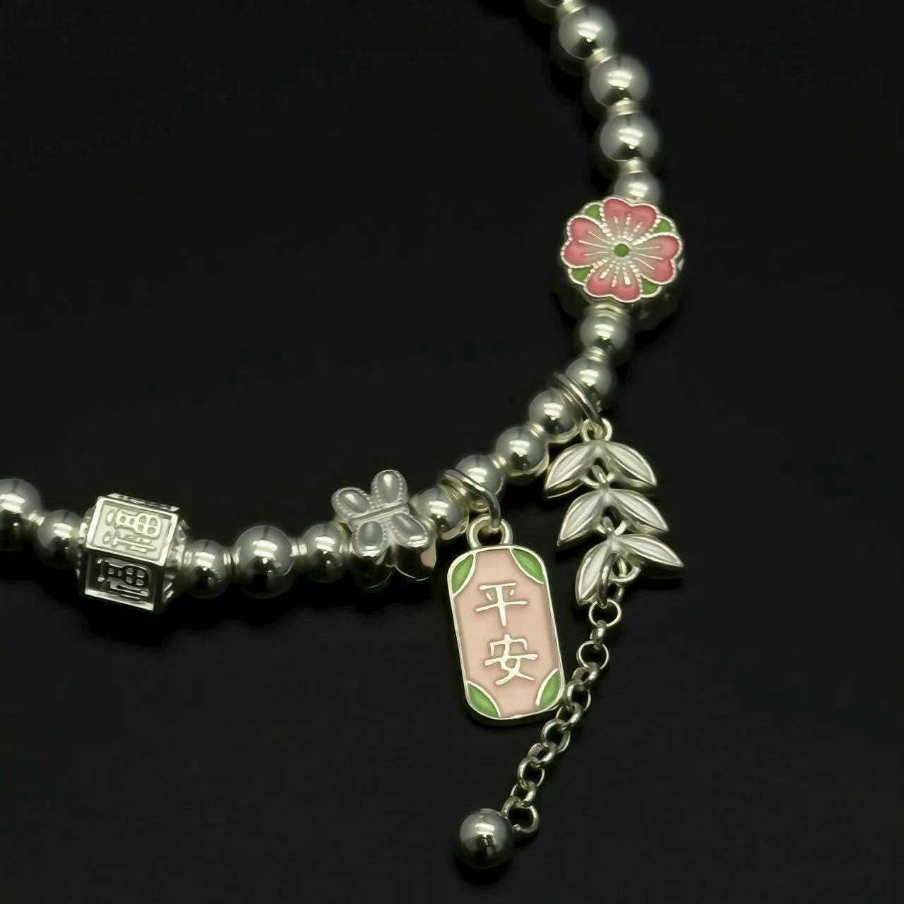 999.9 Fine Silver Bracelet with "Peace" Charm, Floral & Leaf Accents, Lucky Chinese Style Jewelry for Women