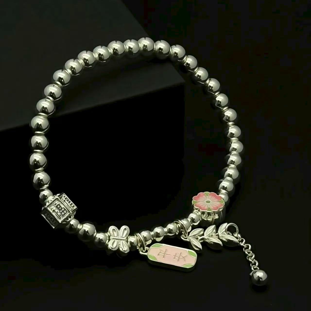 999.9 Fine Silver Bracelet with "Peace" Charm, Floral & Leaf Accents, Lucky Chinese Style Jewelry for Women