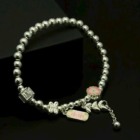 999.9 Fine Silver Bracelet with "Peace" Charm, Floral & Leaf Accents, Lucky Chinese Style Jewelry for Women