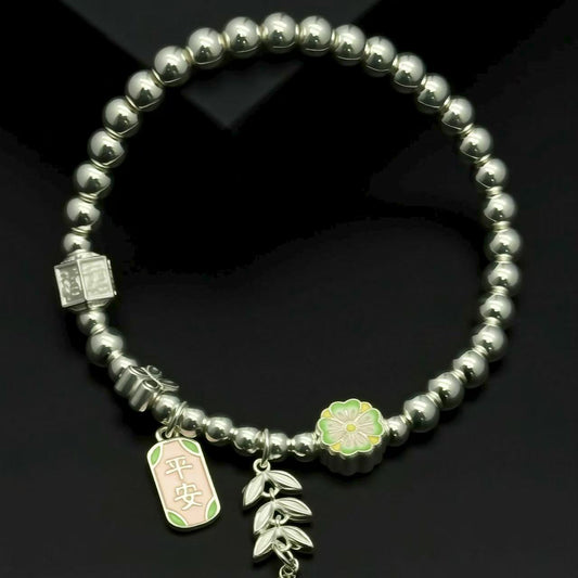 999.9 Fine Silver Bracelet with "Peace" Charm and Floral Accents, Lucky Chinese Style Jewelry for Women