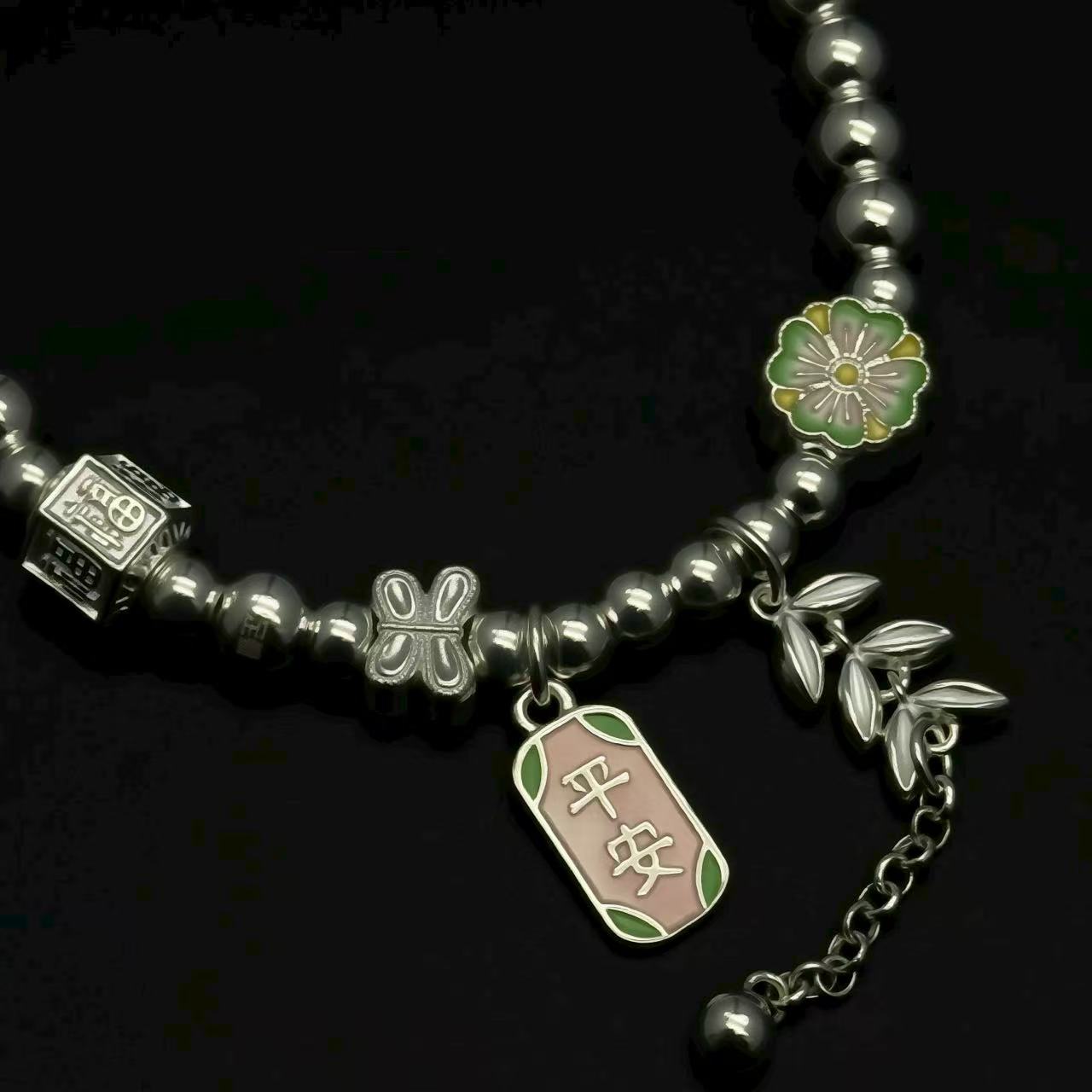 999.9 Fine Silver Bracelet with "Peace" Charm and Floral Accents, Lucky Chinese Style Jewelry for Women