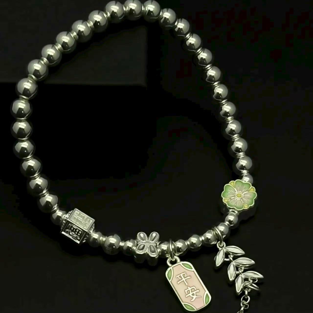 999.9 Fine Silver Bracelet with "Peace" Charm and Floral Accents, Lucky Chinese Style Jewelry for Women
