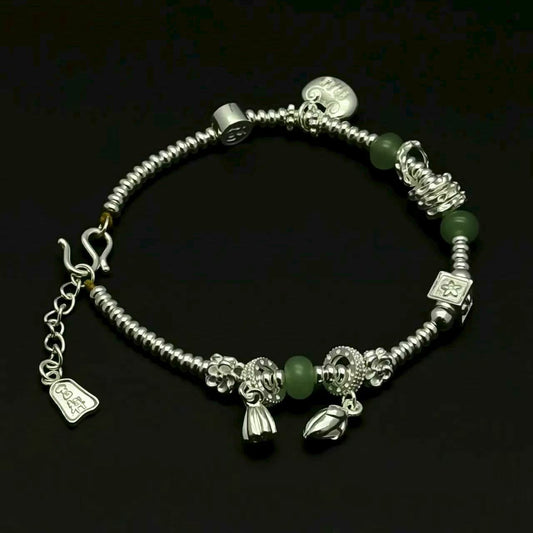 999.9 Pure Silver Bracelet with Green Beads & Lucky Charms, Elegant Handmade Jewelry for Women